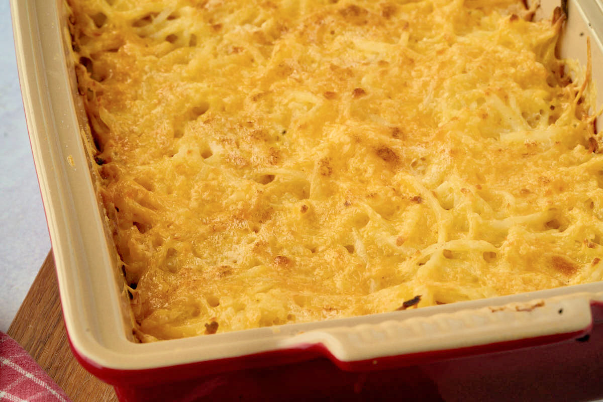 close up view of browned casserole.