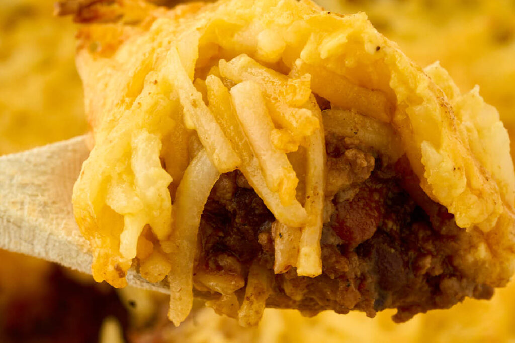 close up view of layered dish.