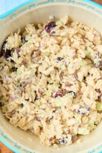 bowl of finished chicken salad with cranberries, pecans and red onion.