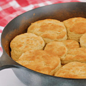 cast iron skillet with biscuits.