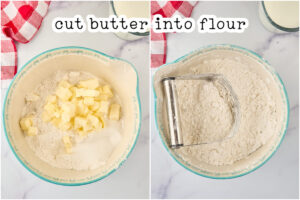 bowl with diced butter on top of flour.