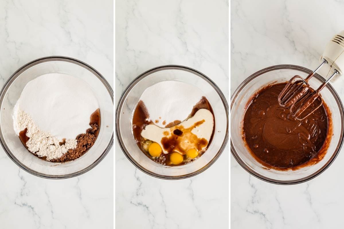 Three steps of mixing brownie ingredients in a glass bowl.