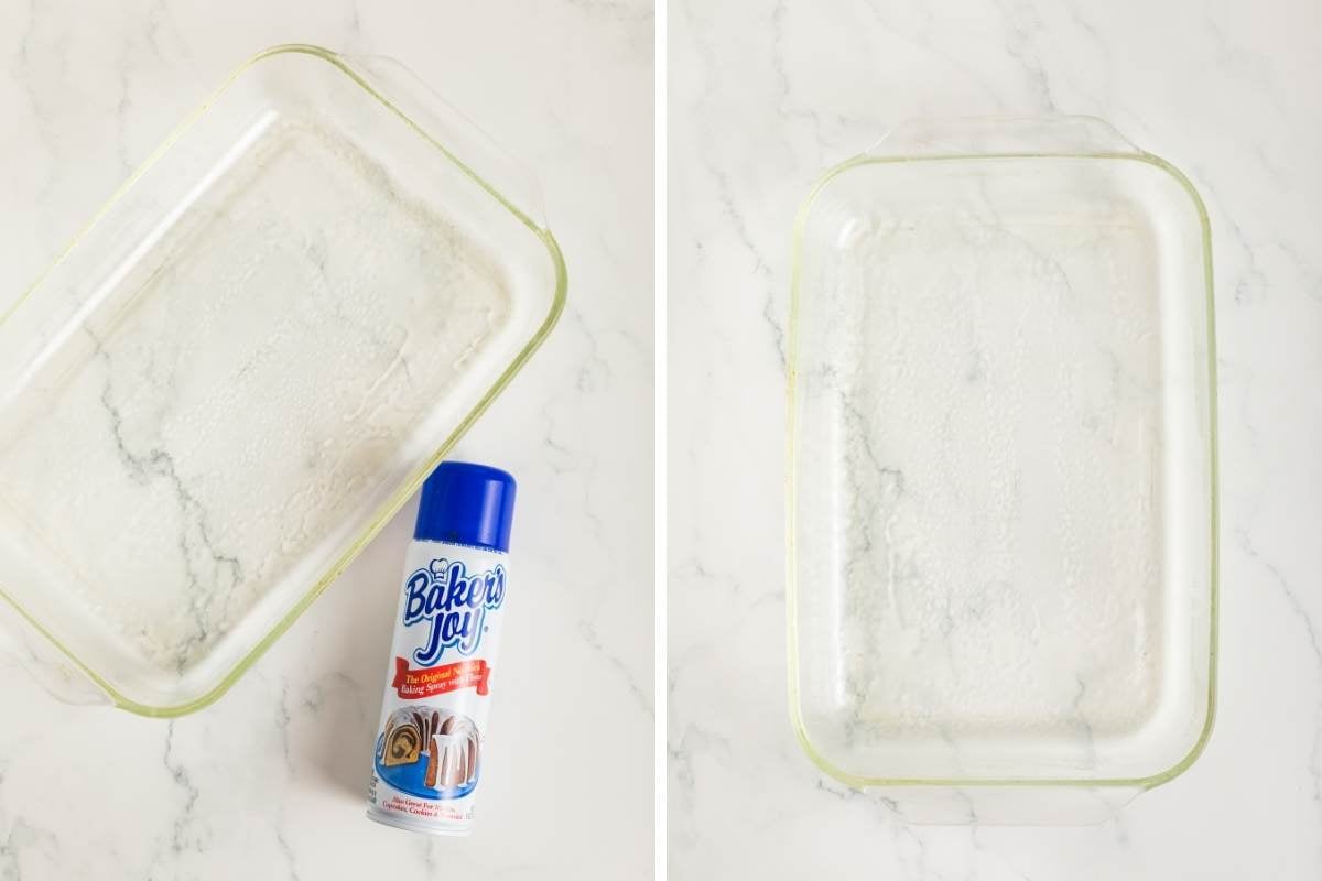 A glass baking pan being sprayed with nonstick cooking oil.