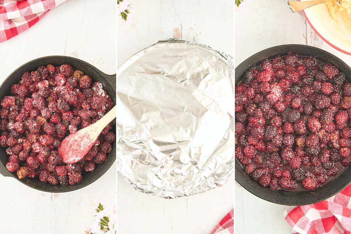 berry filling in skillet and covered with tin foil.