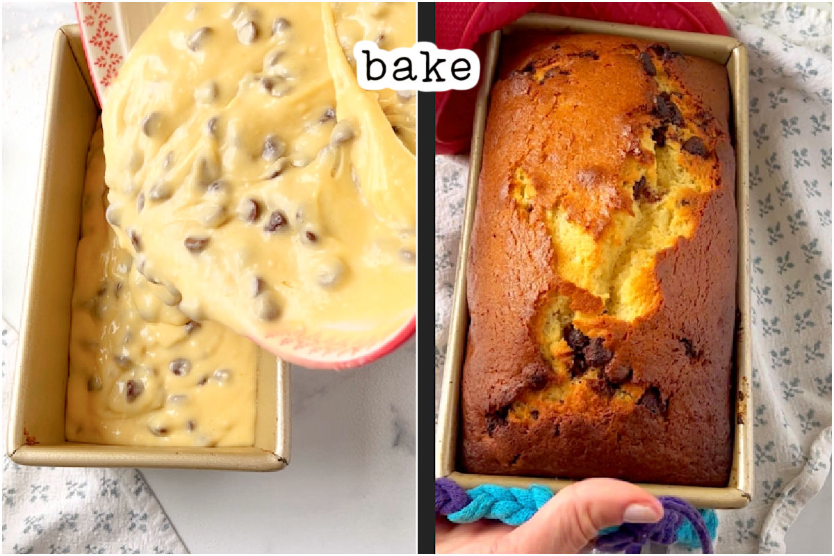 batter in loaf pan and after baking.
