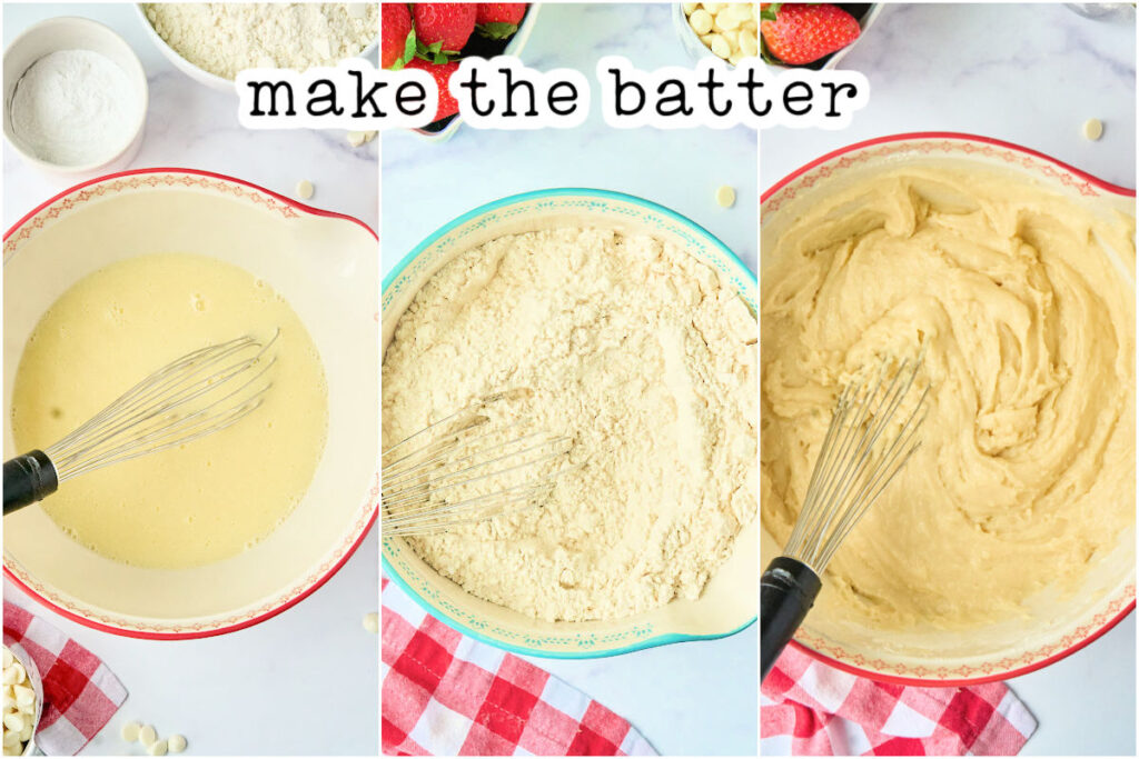 wet ingredients, dry ingredients, and mixed batter.