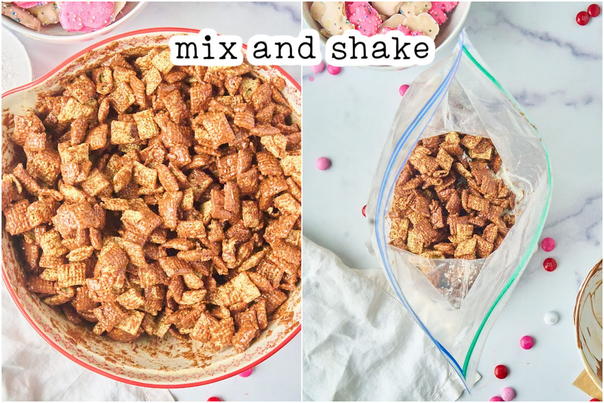 mixing bowl with chocolate coated chex and bag of powdered sugar.