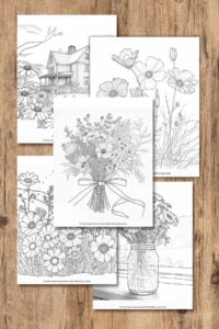 5 wildflower coloring pages on wooden background.