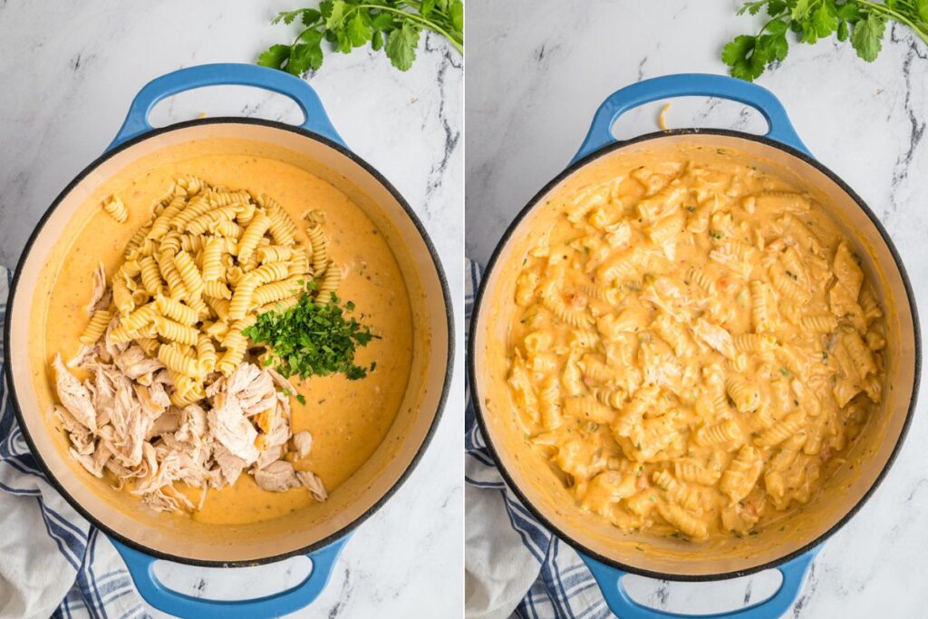 large pot with cheese sauce mixed with chicken. and pasta