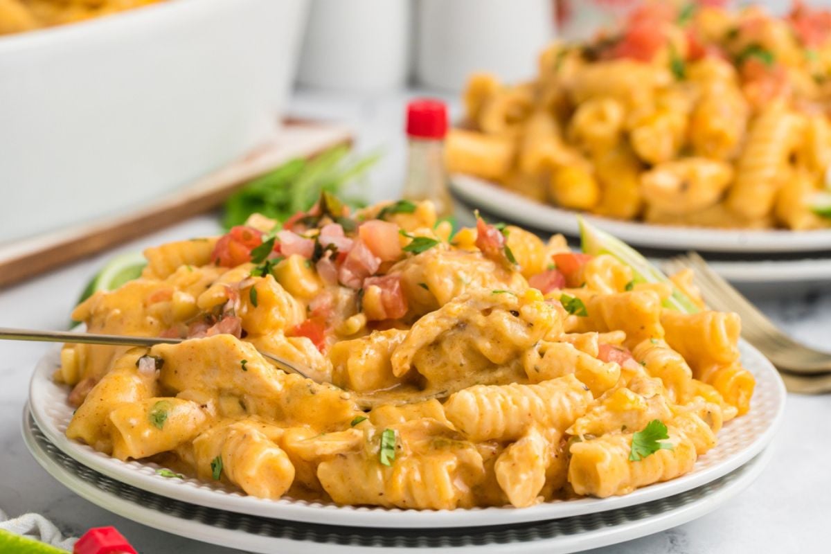 plated dish with fussili pasta and topped with pico.