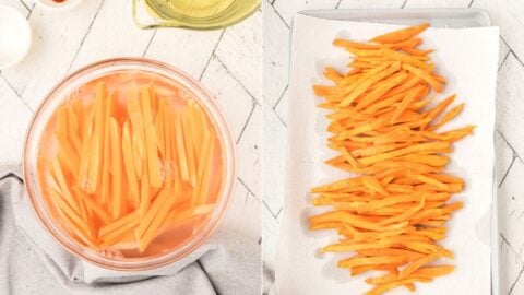 sliced sweet potatoes in water and on paper towel.