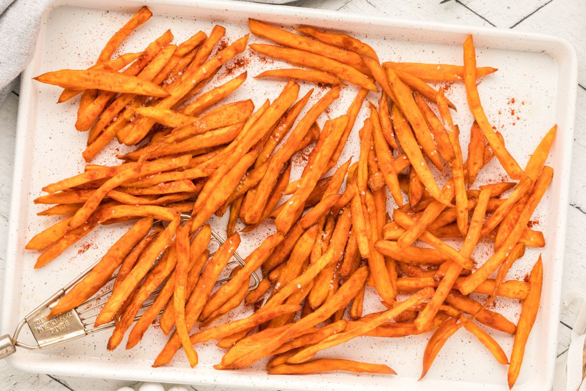 sweet potato fries on baking sheet.