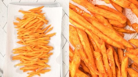 partially fried sweet potatoes on paper towel