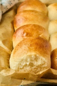 baking sheet of finished potato rolls