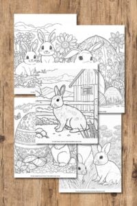 wooden background with 5 bunny coloring pages.