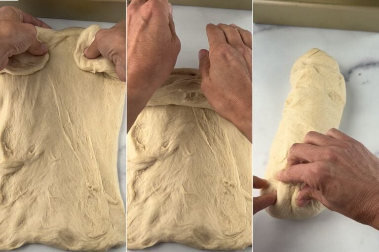 dough stretched into rectangle and shaped into log.