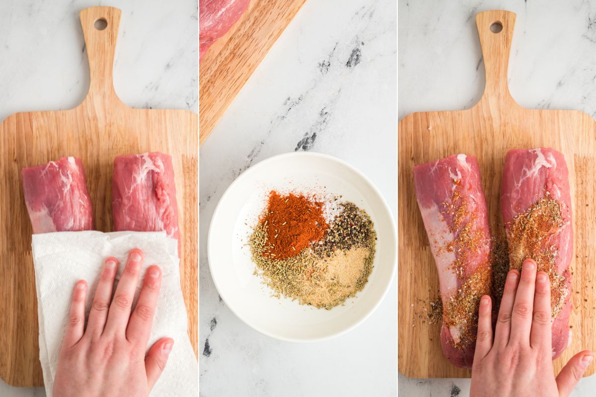 patting pork dry and rubbing with seasoning.