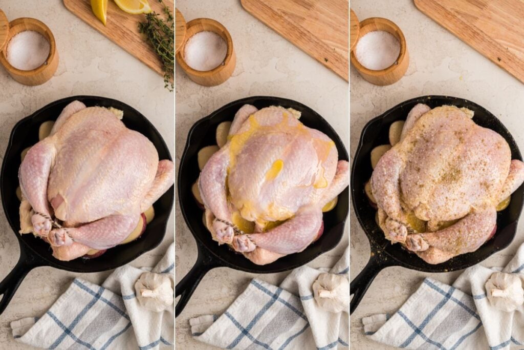 three images showing chicken in skillet with oil and seasonings added on top.