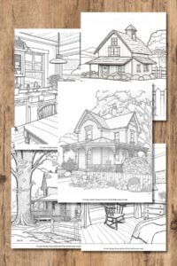 wooden background with 5 pages of farmhouses.