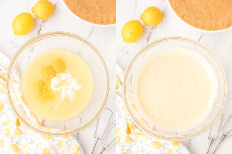 Sweetened condensed milk and lemon juice in mixing bowl.