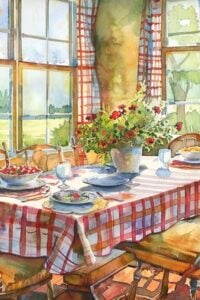 plaid tablecloth in cottage style room