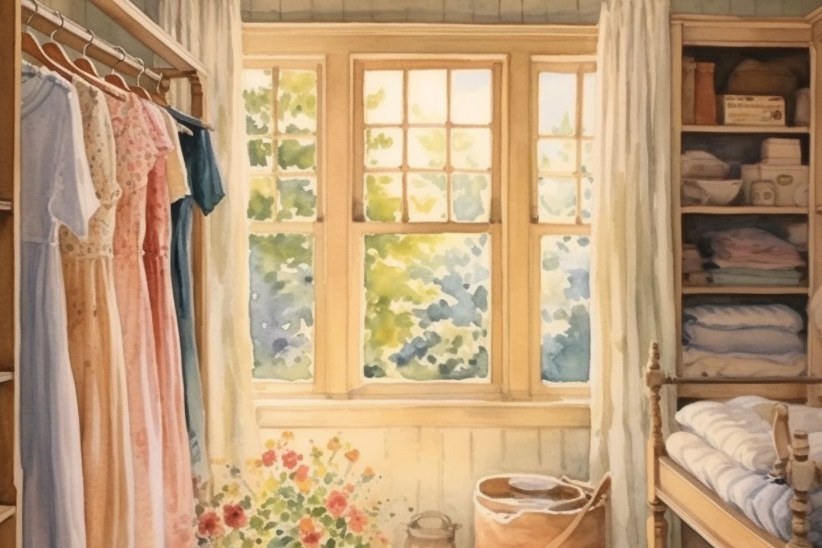 a white paneled closet with dresses and folded quilts