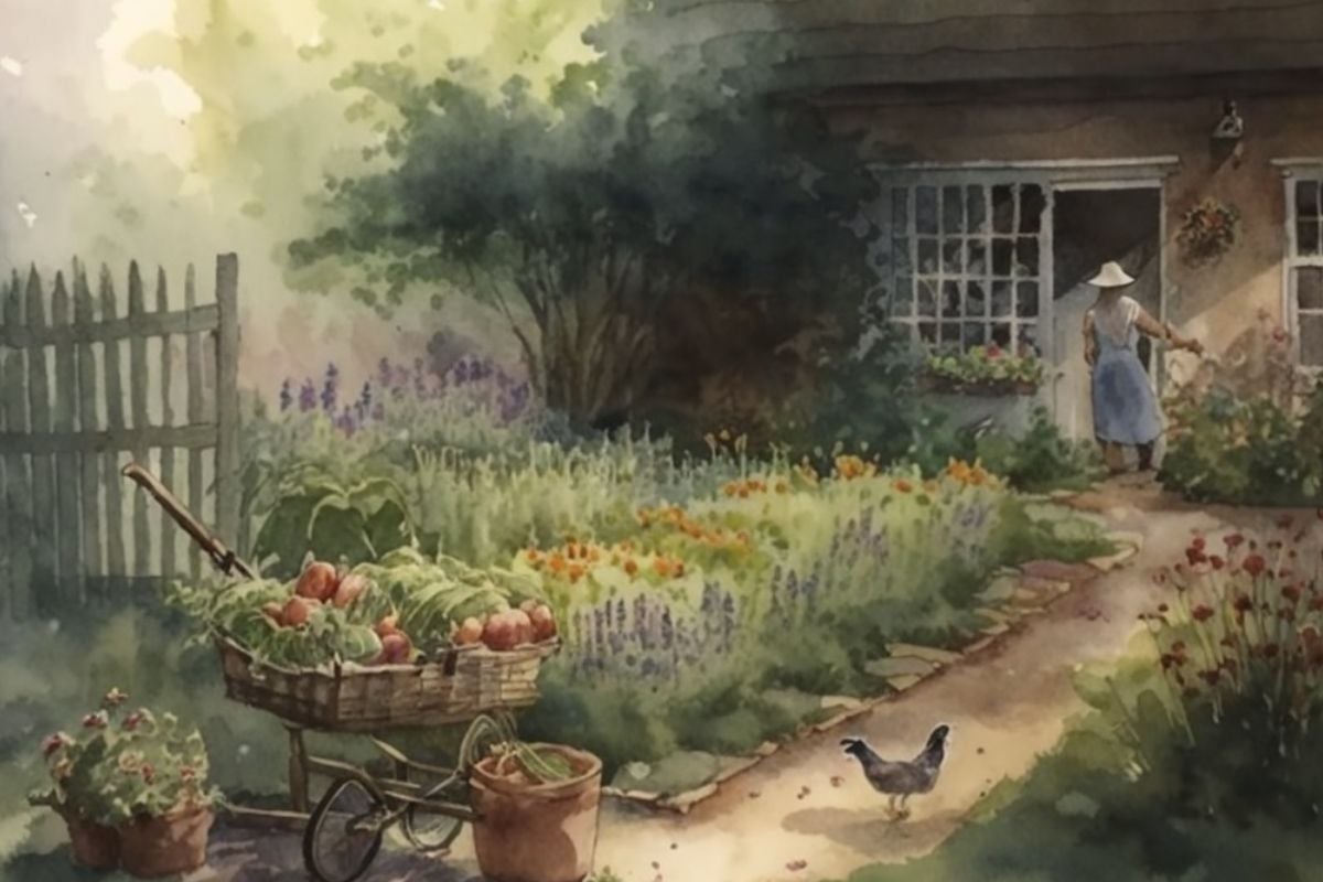 watercolor of a garden with chicken.