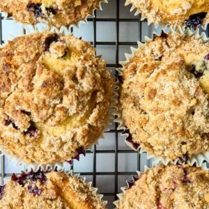 close up view of streusel topping on muffin