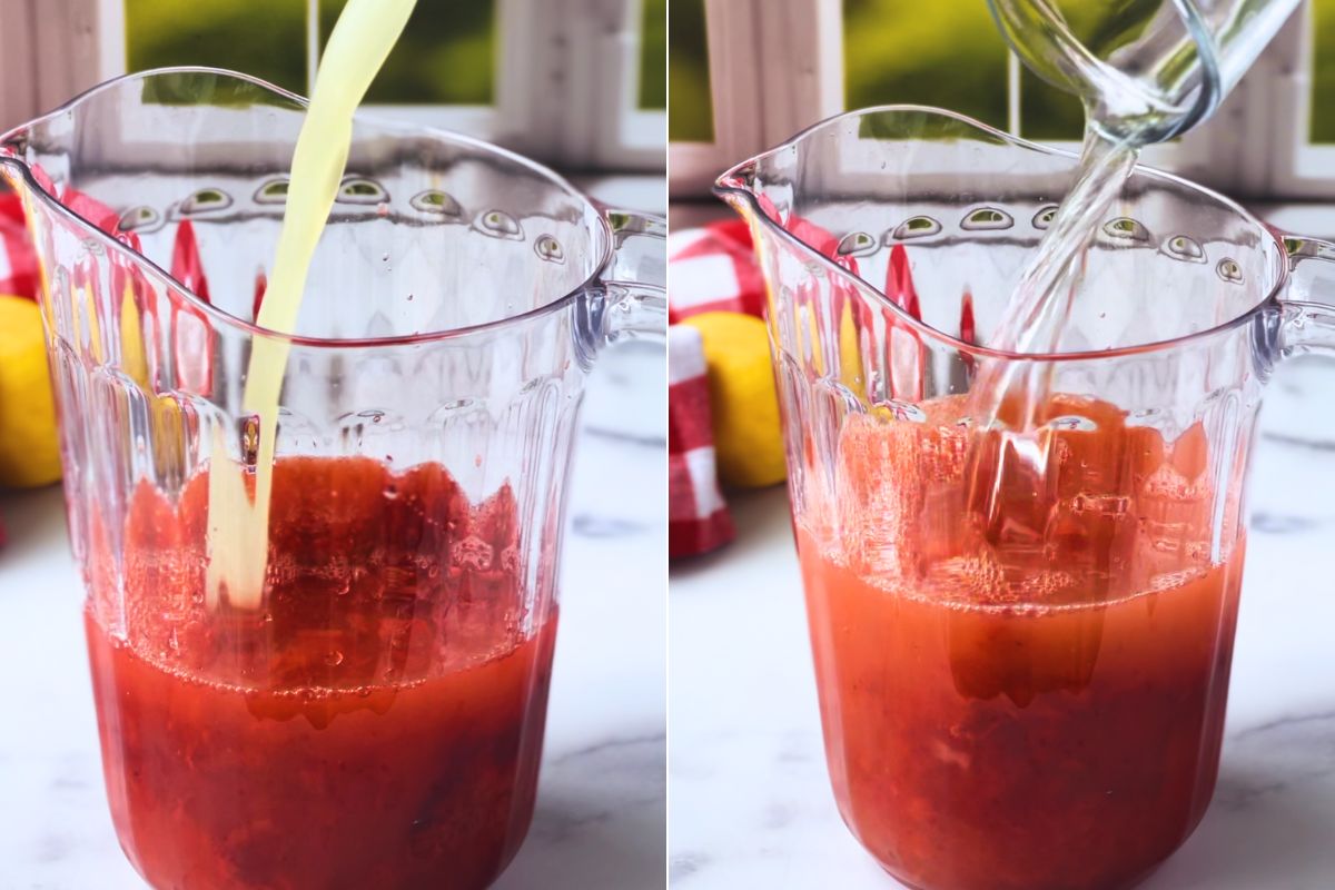 pitcher with lemon juice and water added.