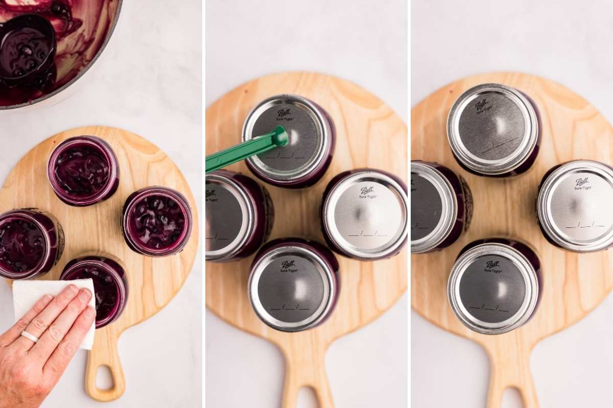 Three steps: wiping jar rims, placing lids, and adding rings.
