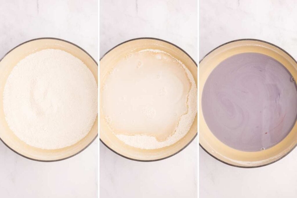 Three pots showing ClearJel and water mixed into a purple base.