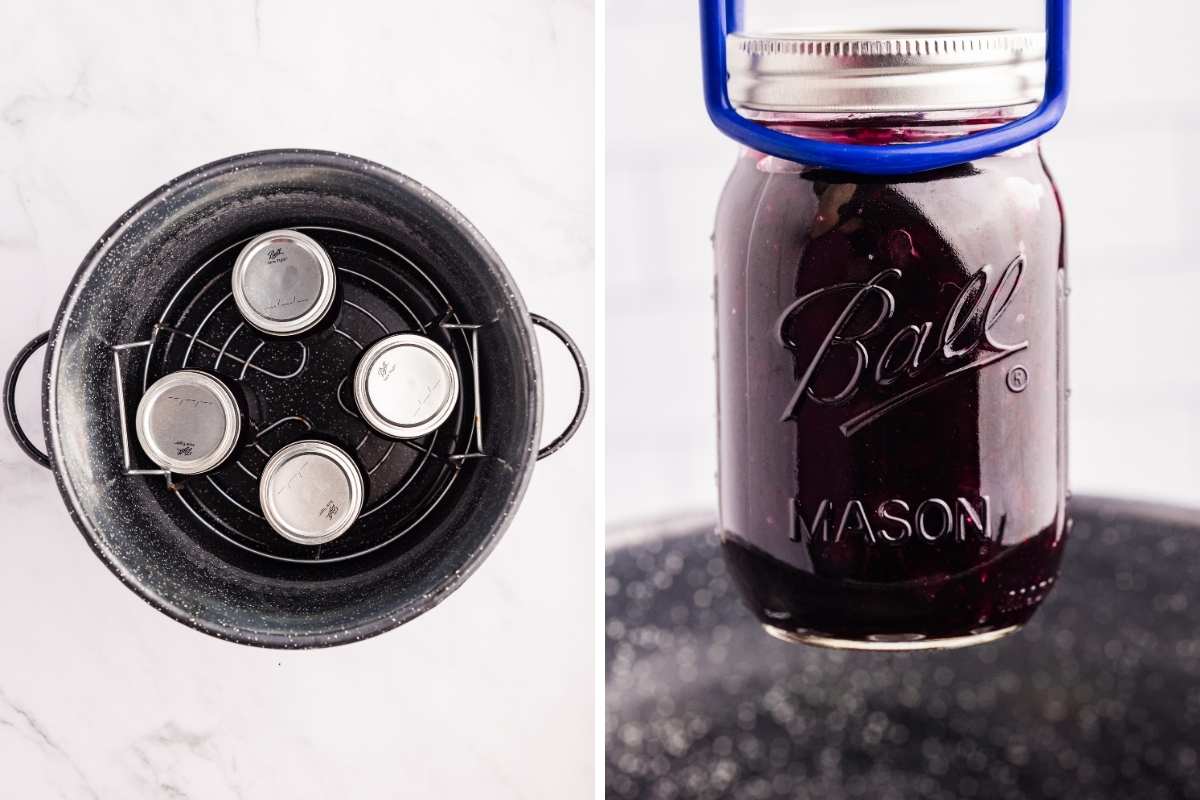 Jars loaded in a canner rack and one jar being processed.