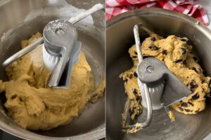 dough in mixer with cherries and chocolate added.