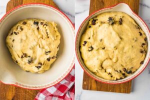 dough in bowl before and after rising.