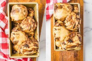 balls of dough in loaf pan before and after rising.