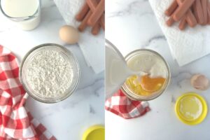 jar with ingredients for corn dog batter.