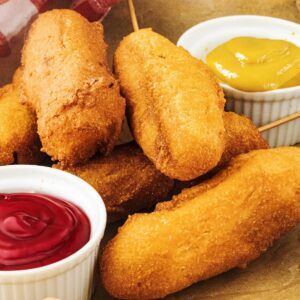 finished corn dogs next to container of ketchup and mustard.