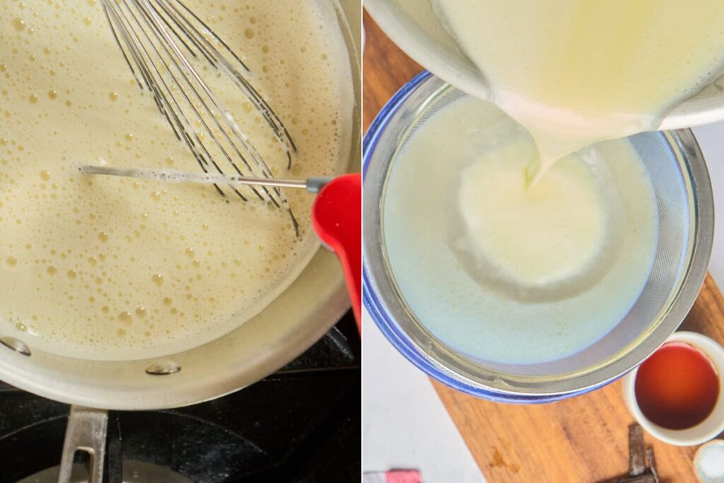 custard on stove and straining.
