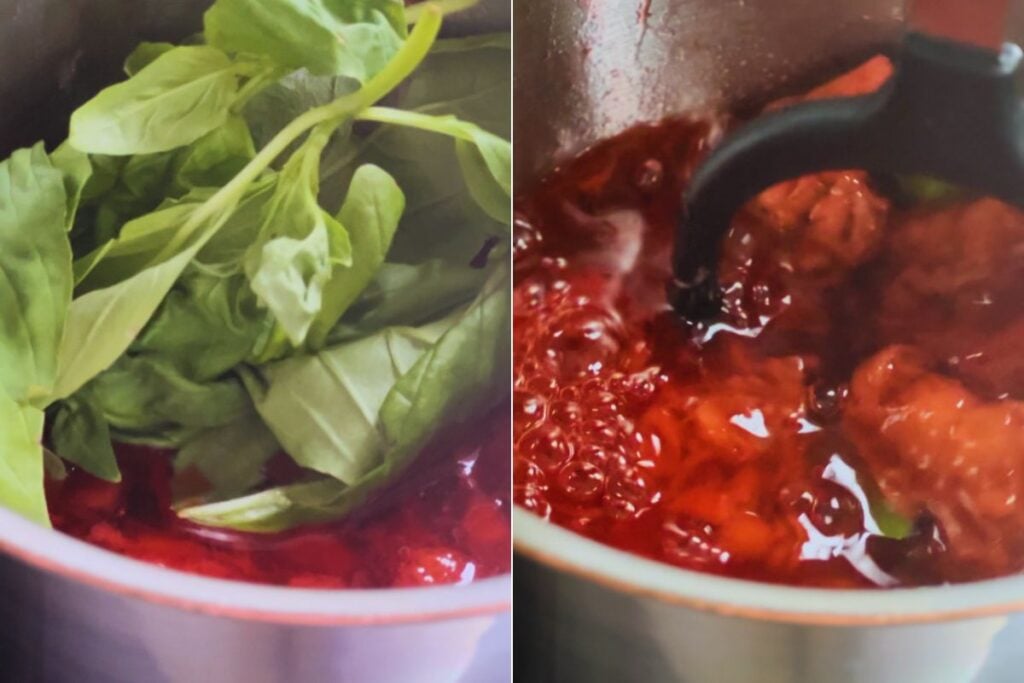 basil leaves being added to sauccepan