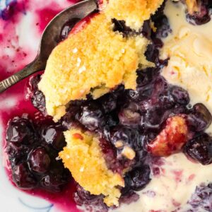 plated cobbler with ice cream.
