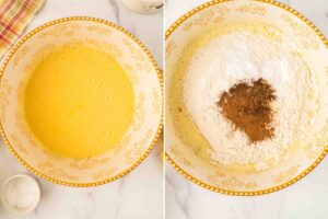 wet and dry ingredients in mixing bowl.