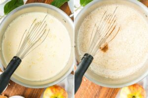 saucepan with vanilla cinnamon ice cream custard.