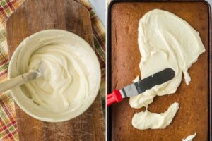 small bowl of icing being spread onto baked cake.