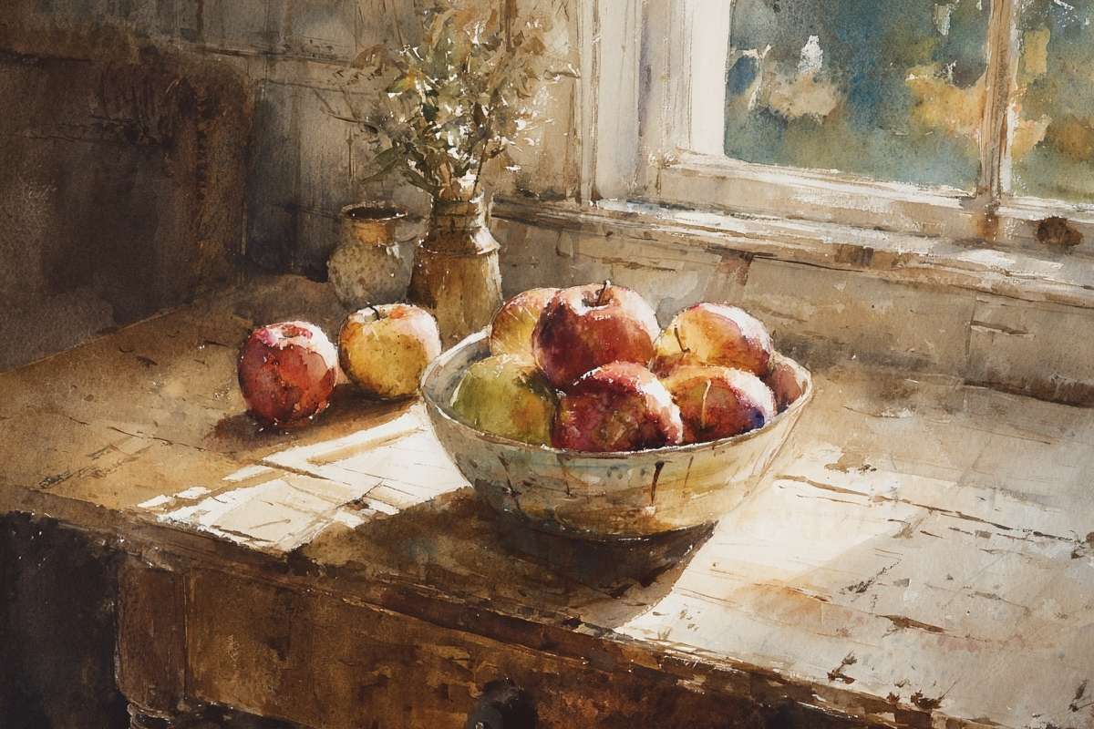 Kitchen counter with bowl of red apples and small flower vase