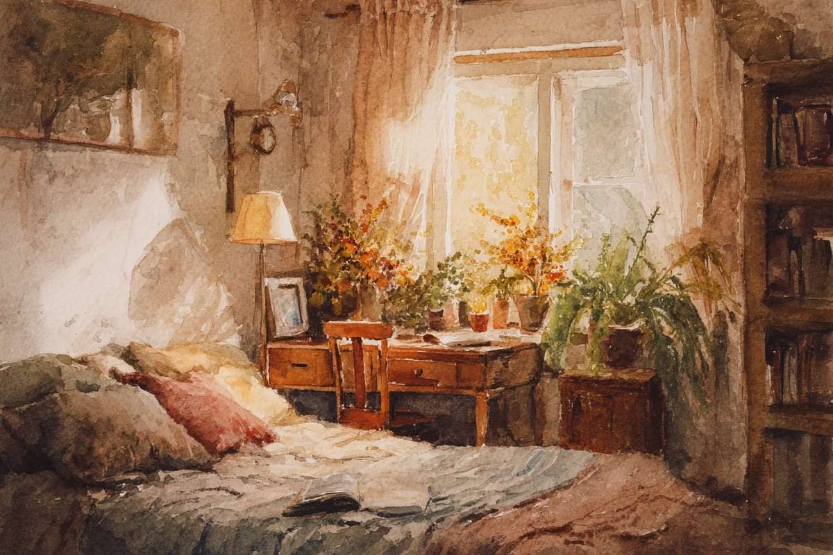 Bedroom corner with desk, lamp, fall flowers in vases and window view.