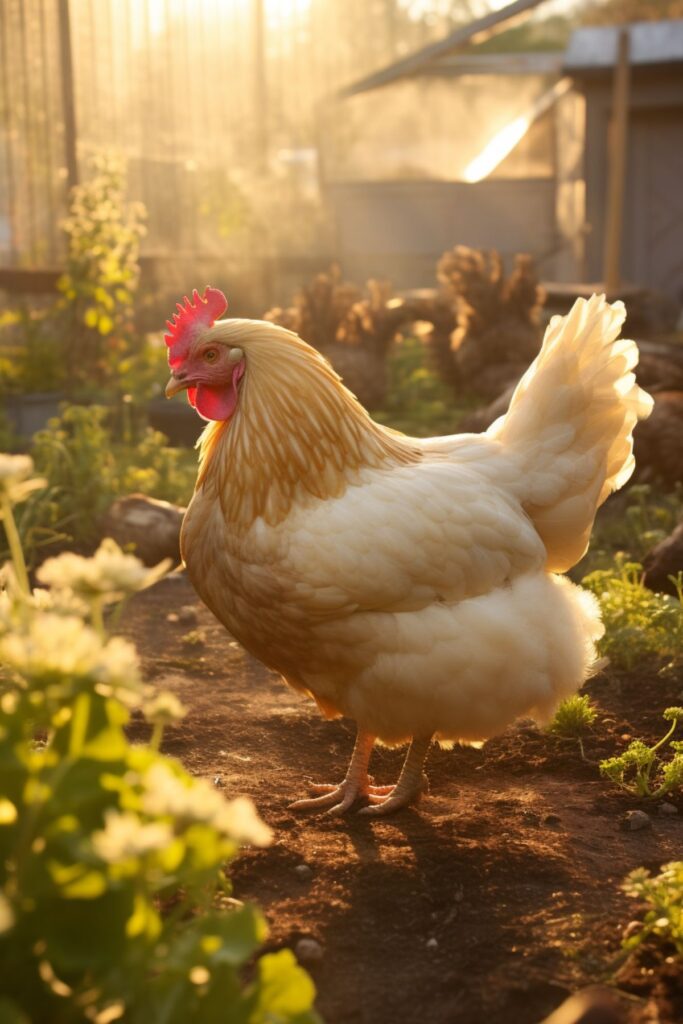 buff orpington hen at sunset