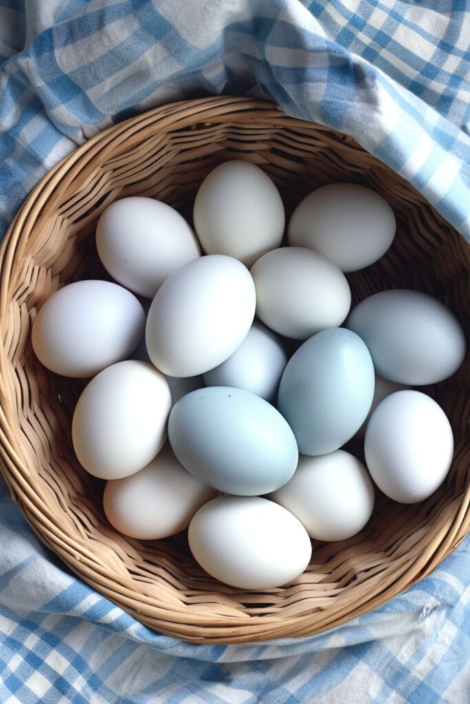 cloth lined basket with eggs in varying shades of blue