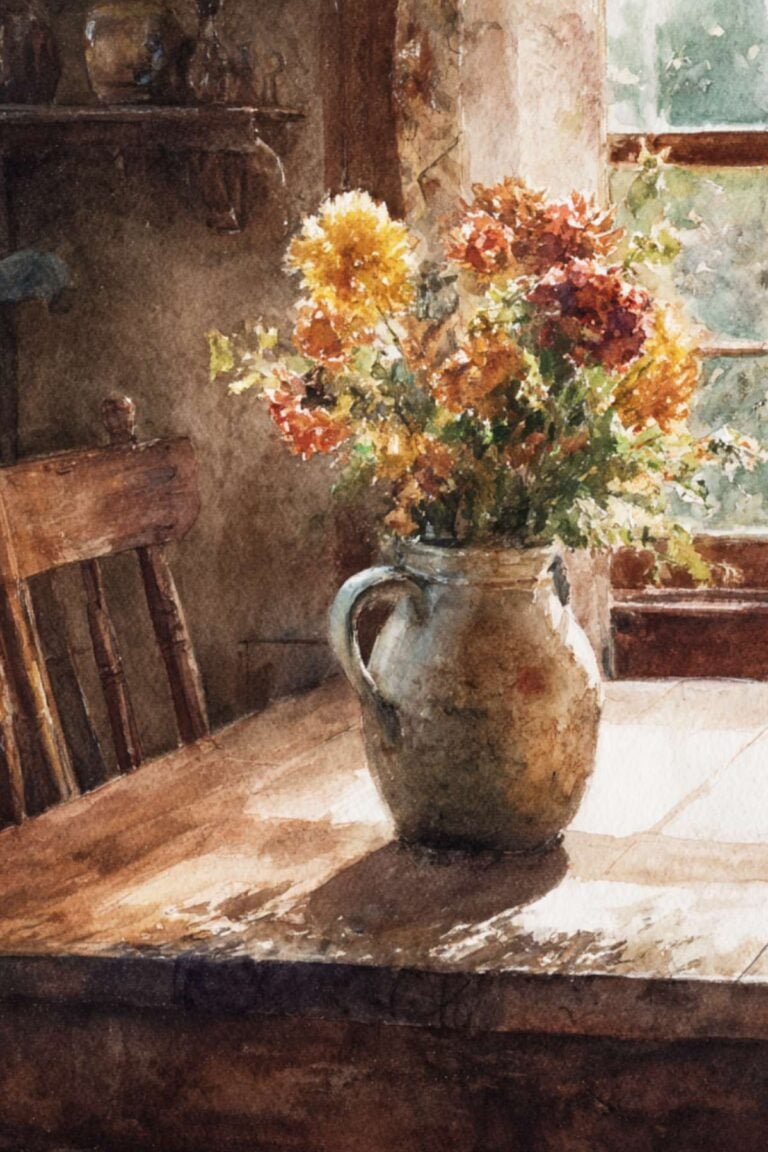Fall mums in ceramic pitcher on wooden table in country kitchen.