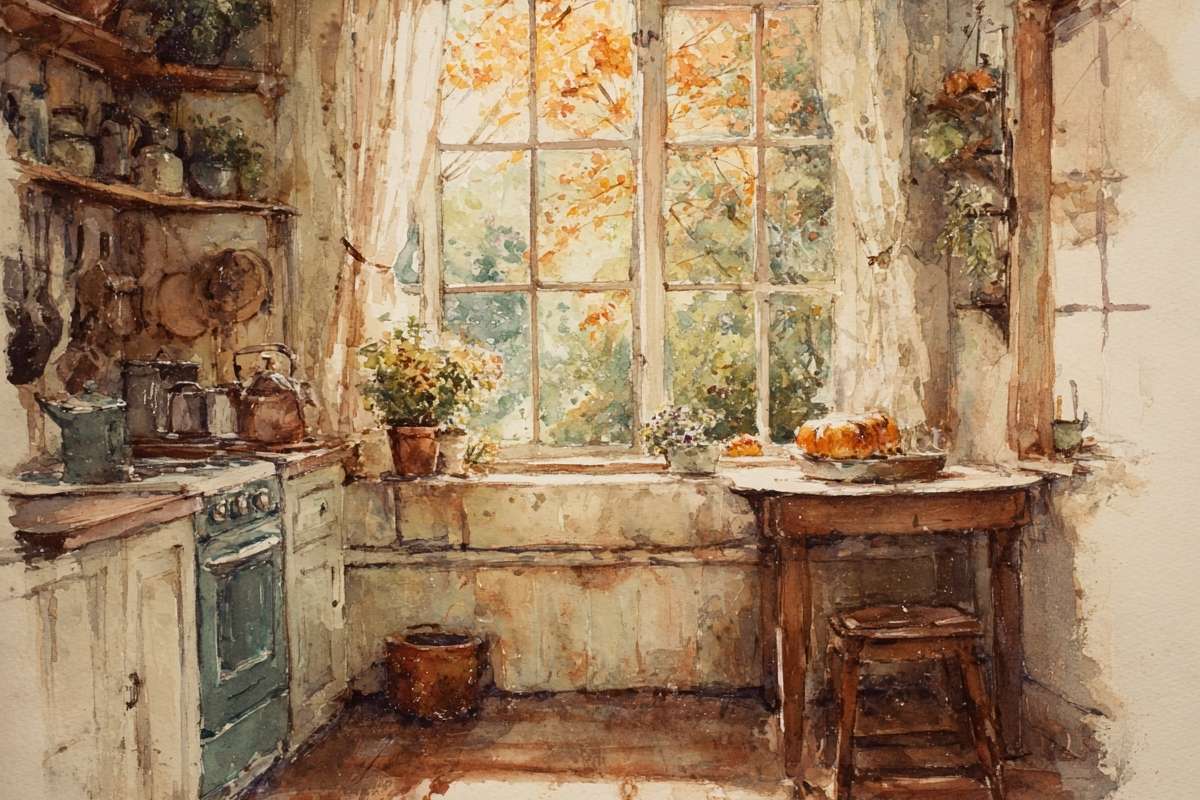  Cozy farmhouse kitchen with windows, shelves, pumpkins on windowsill and autumn view outside.