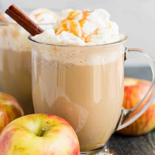 close up view of caramel apple latte.